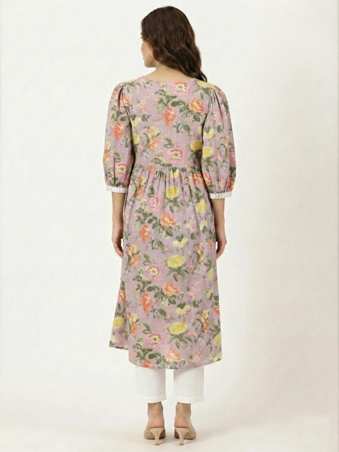 Lilac Floral Print Kurta with Chikankari Embroidery