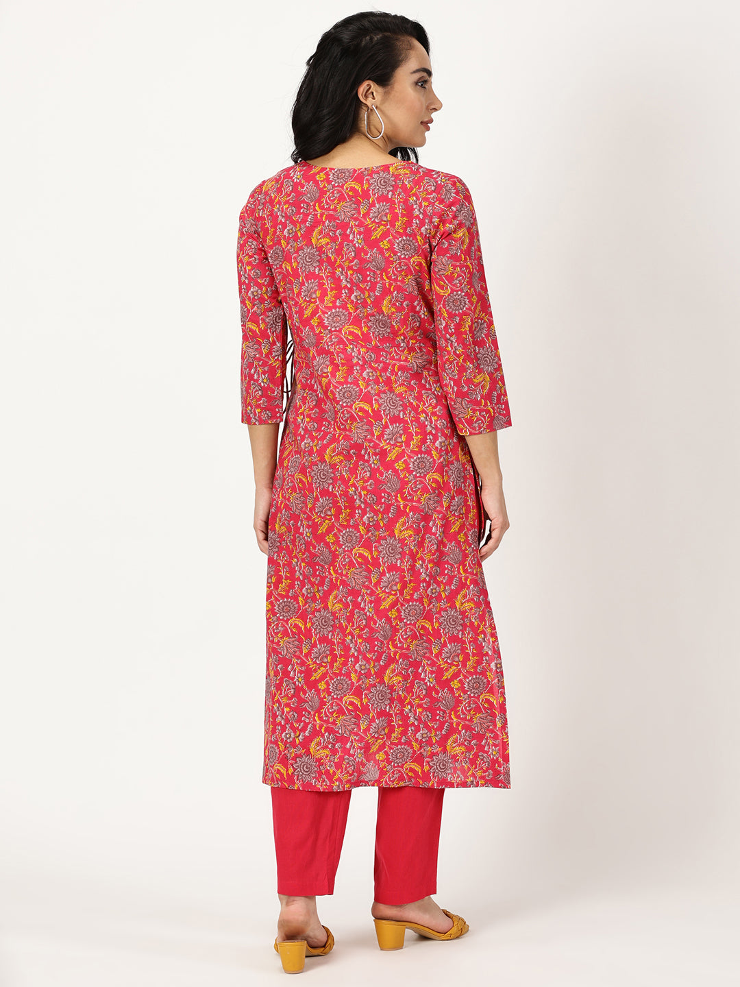 Pink Floral Print Angrakha Kurta with Neck Embroidery