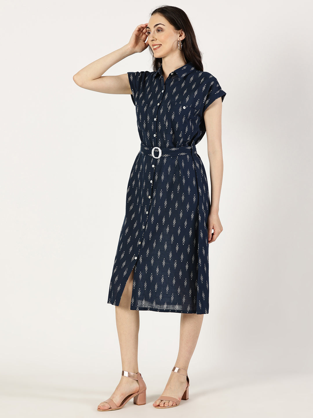 Navy Blue Ikat Print Cotton Dress With Belt Buckle