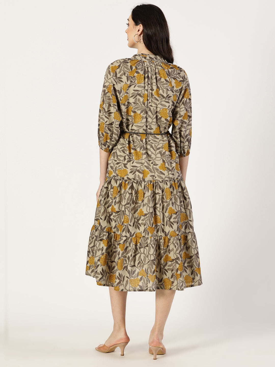 Mustard Tropical Print Cotton Dress with Waist Tie-up