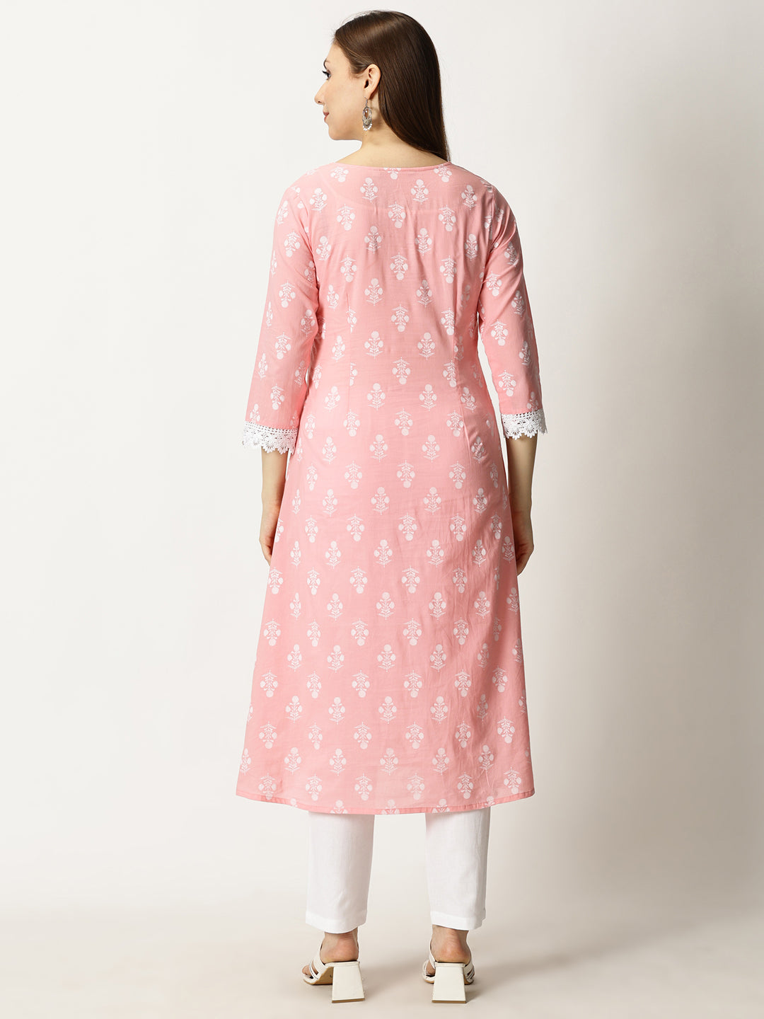 Pastel Pink Floral Print Cotton Kurta with Chikankari Embroidery