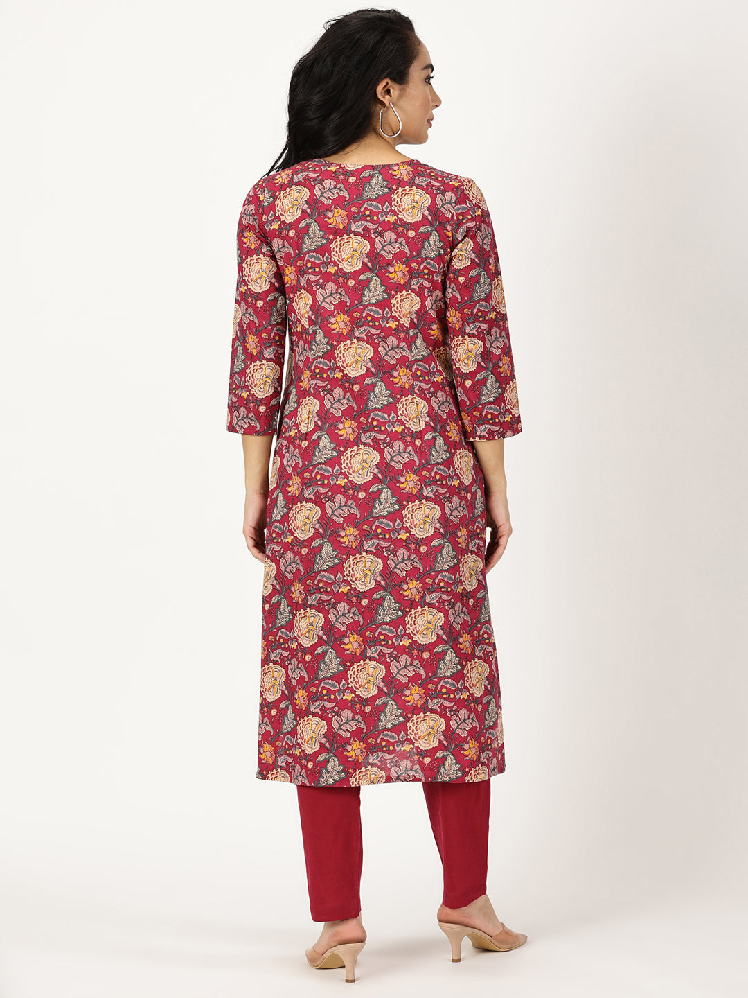 Wine Ethnic Floral Print Kurta with Yoke Embroidery