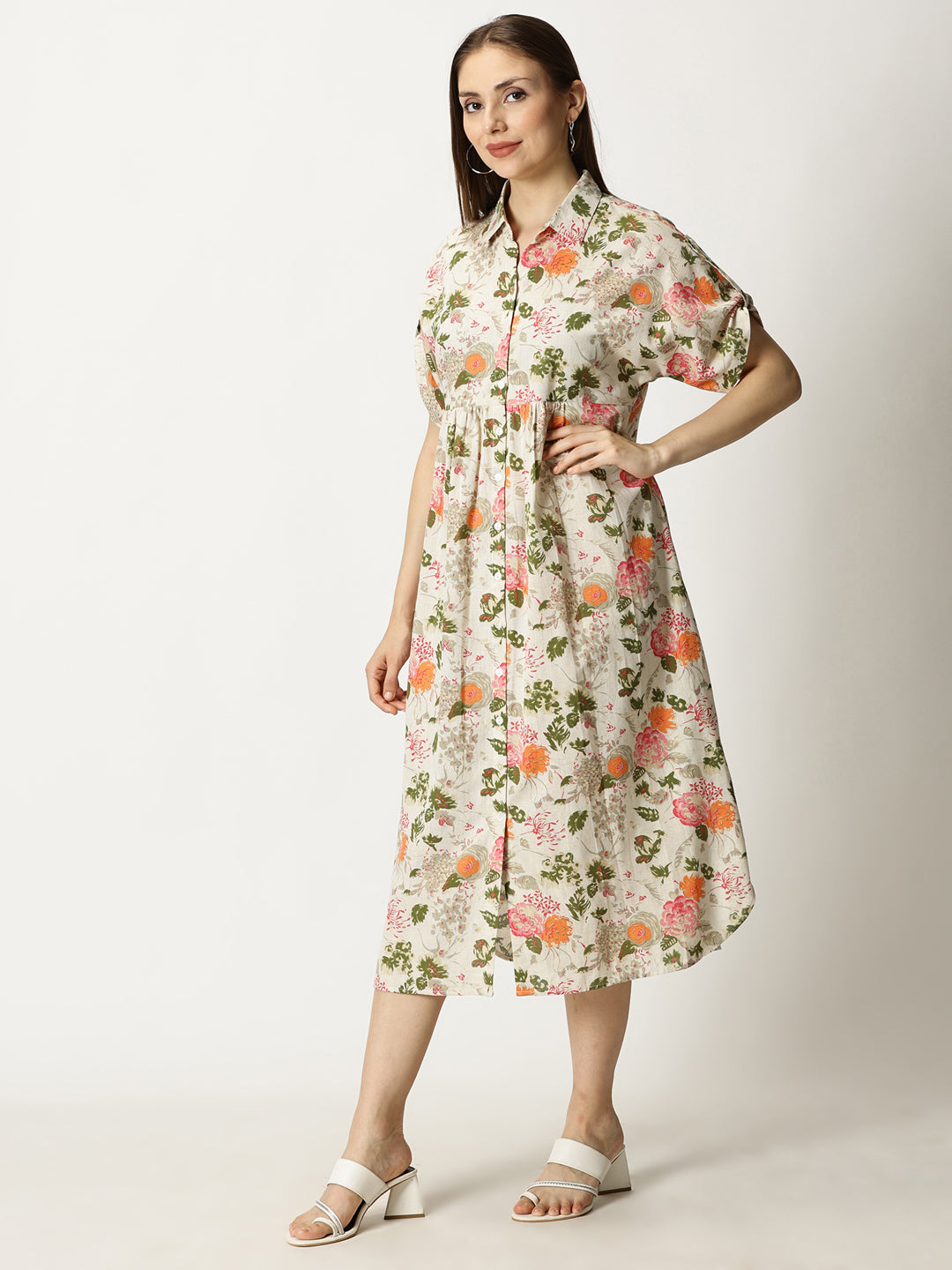 Orange Floral Printed Cotton Flax Dress with Shirt Collar