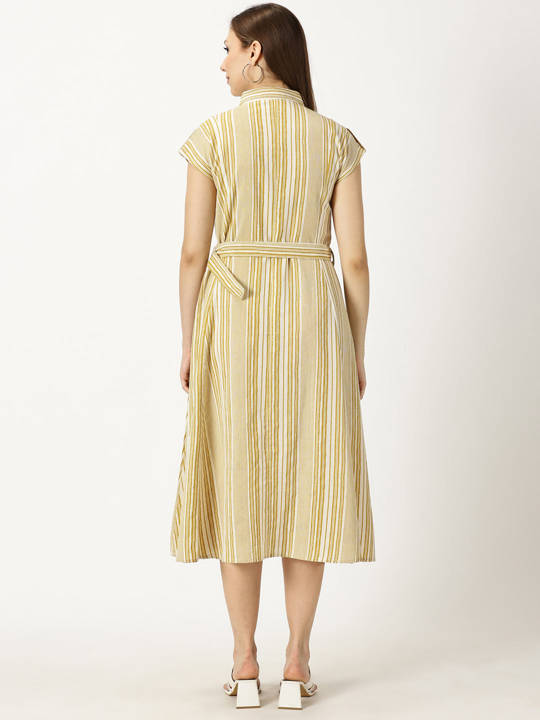 Yellow Striped Print Cotton Flax Dress With Belt Buckle