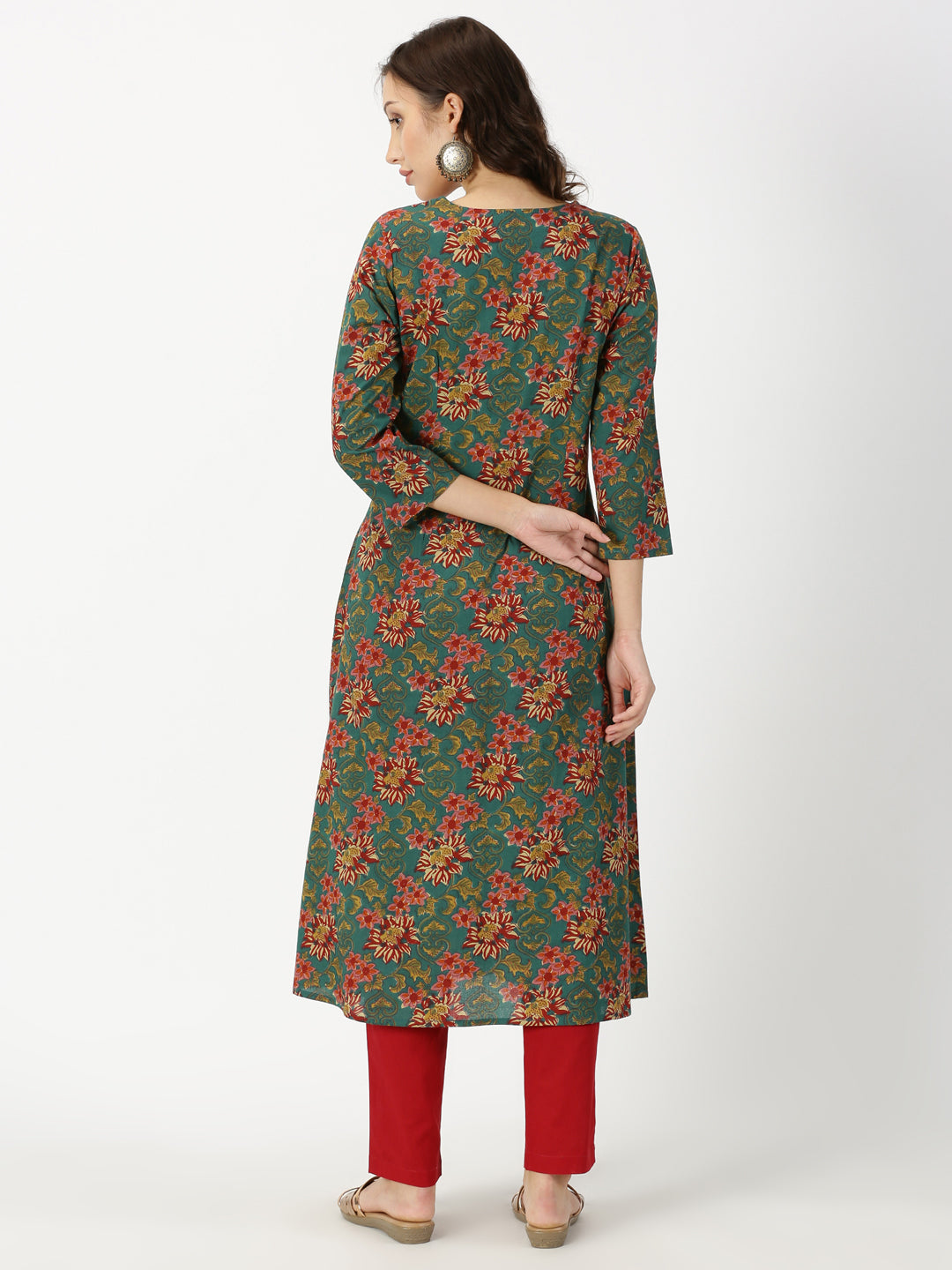 Green Ethnic Floral Print Kurta with Neck Embroidery