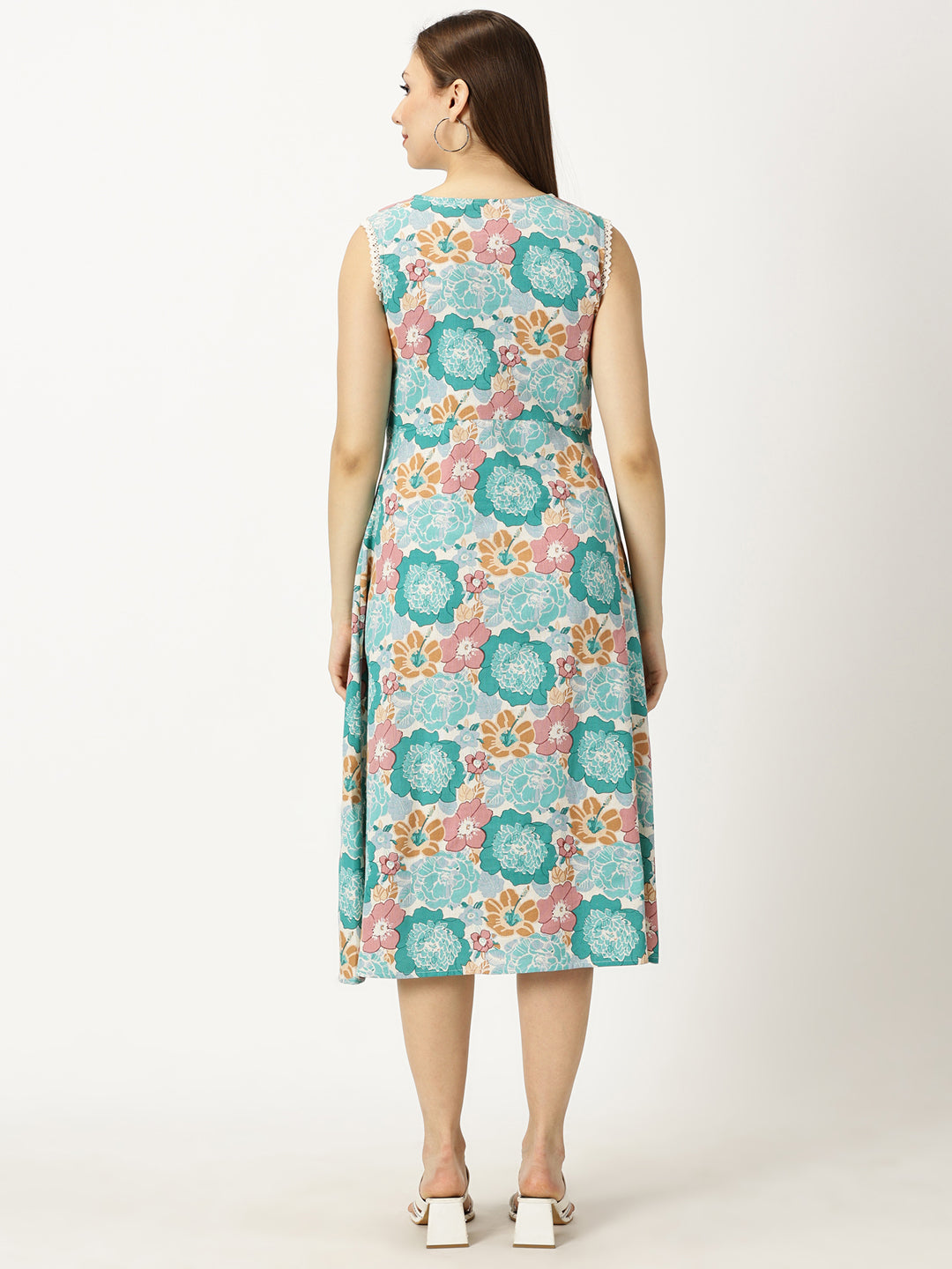 Turqouise Floral Printed Dress with Braided Neck Tie-up and Lace inserts