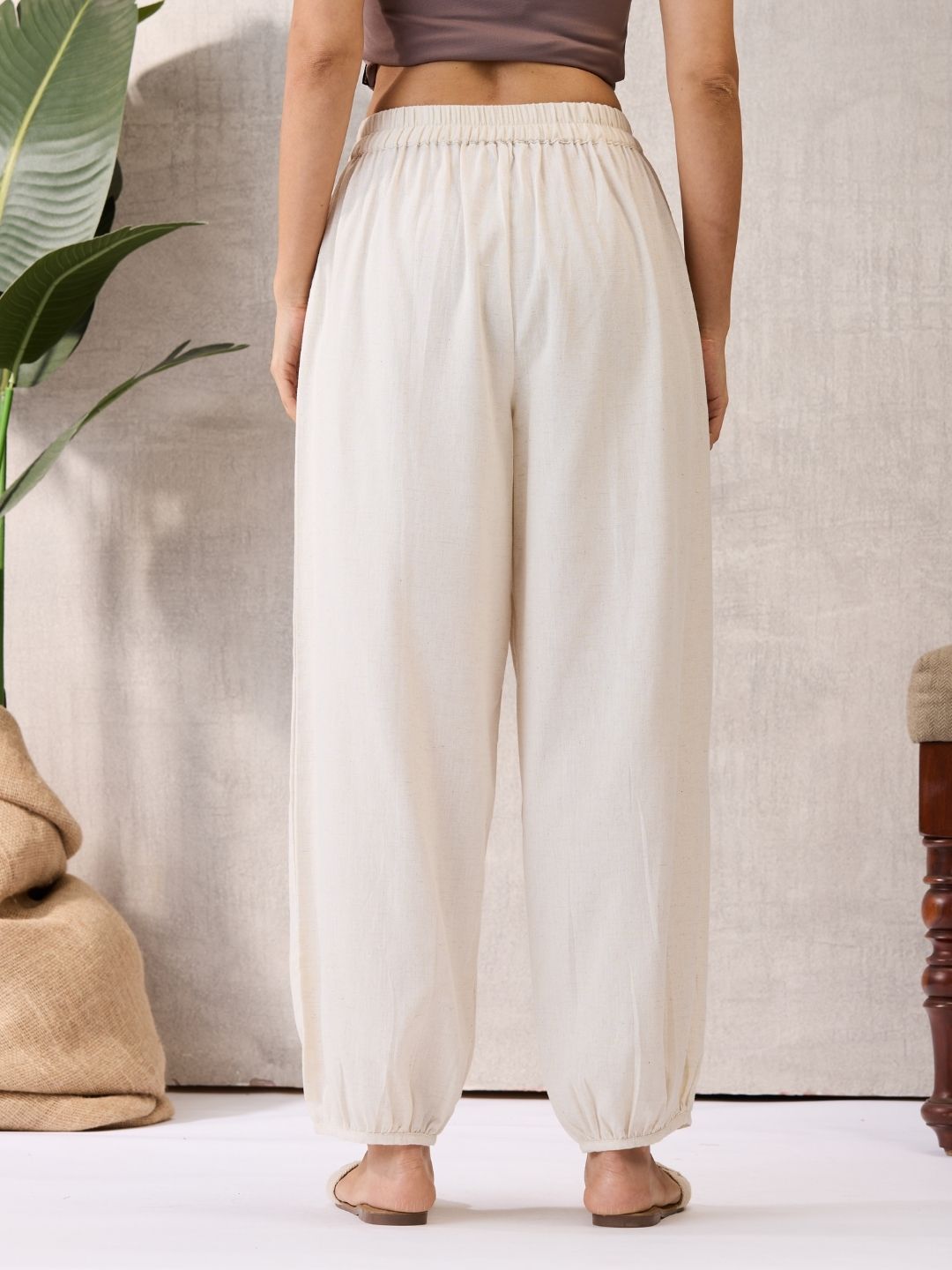 Off White Cotton Linen Piping Hem Palazzo with Pocket