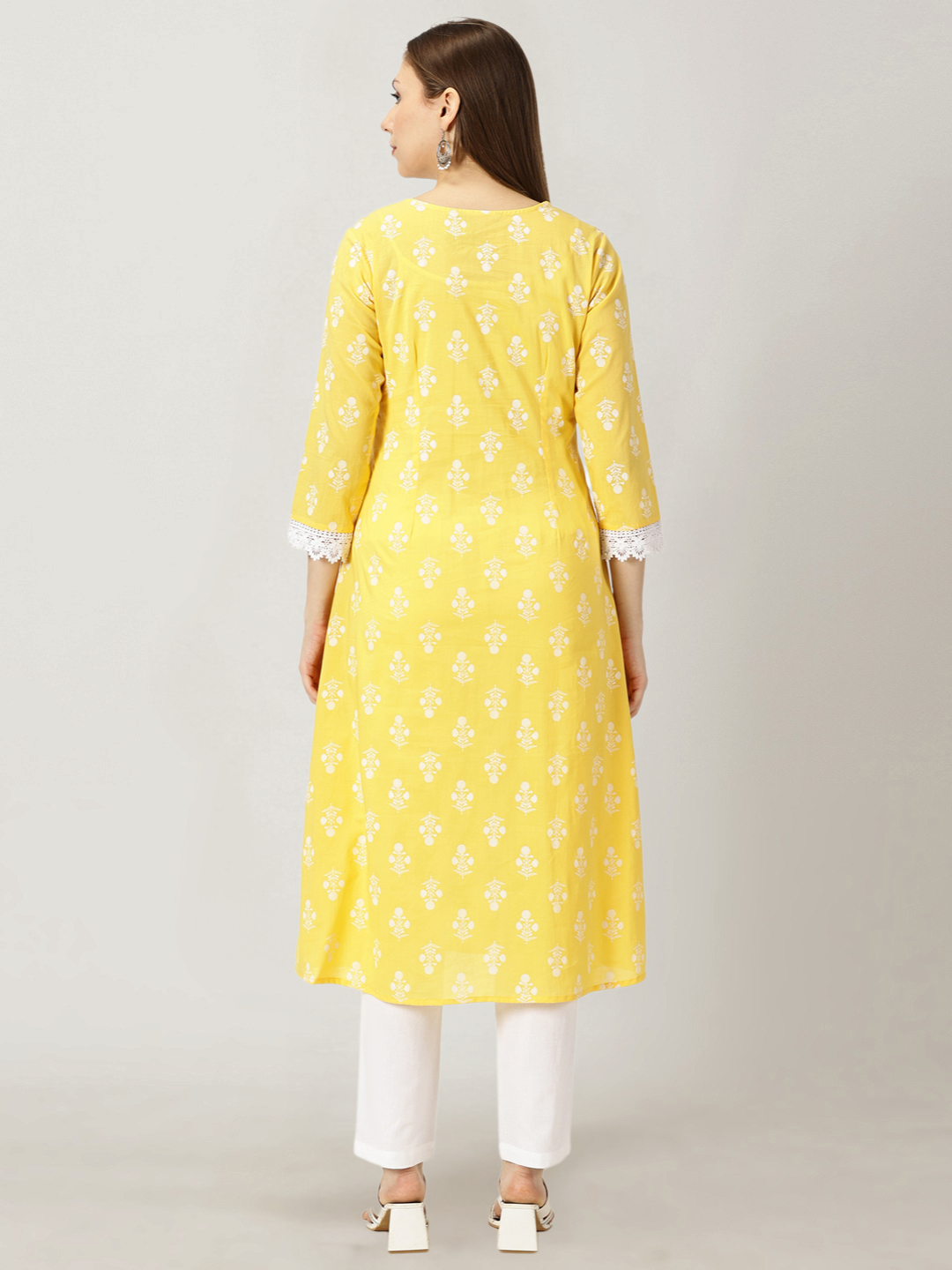 Pastel Yellow Floral Print Cotton Kurta with Chikankari Embroidery