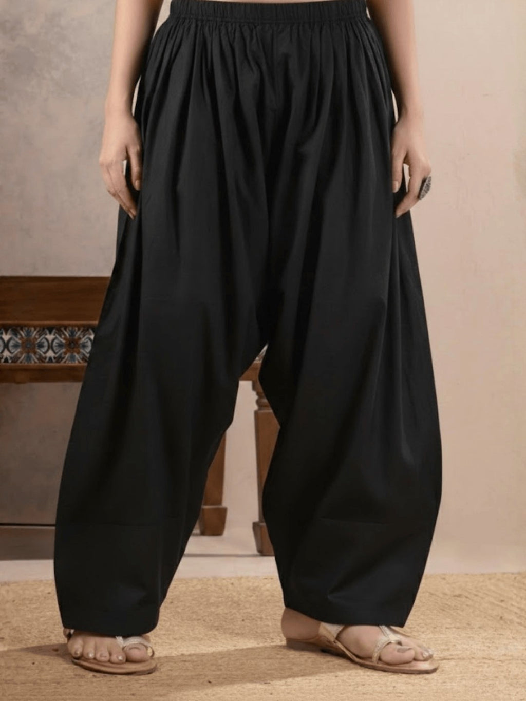 Black Farshi Salwar with Elasticated Waist & Couching Detail