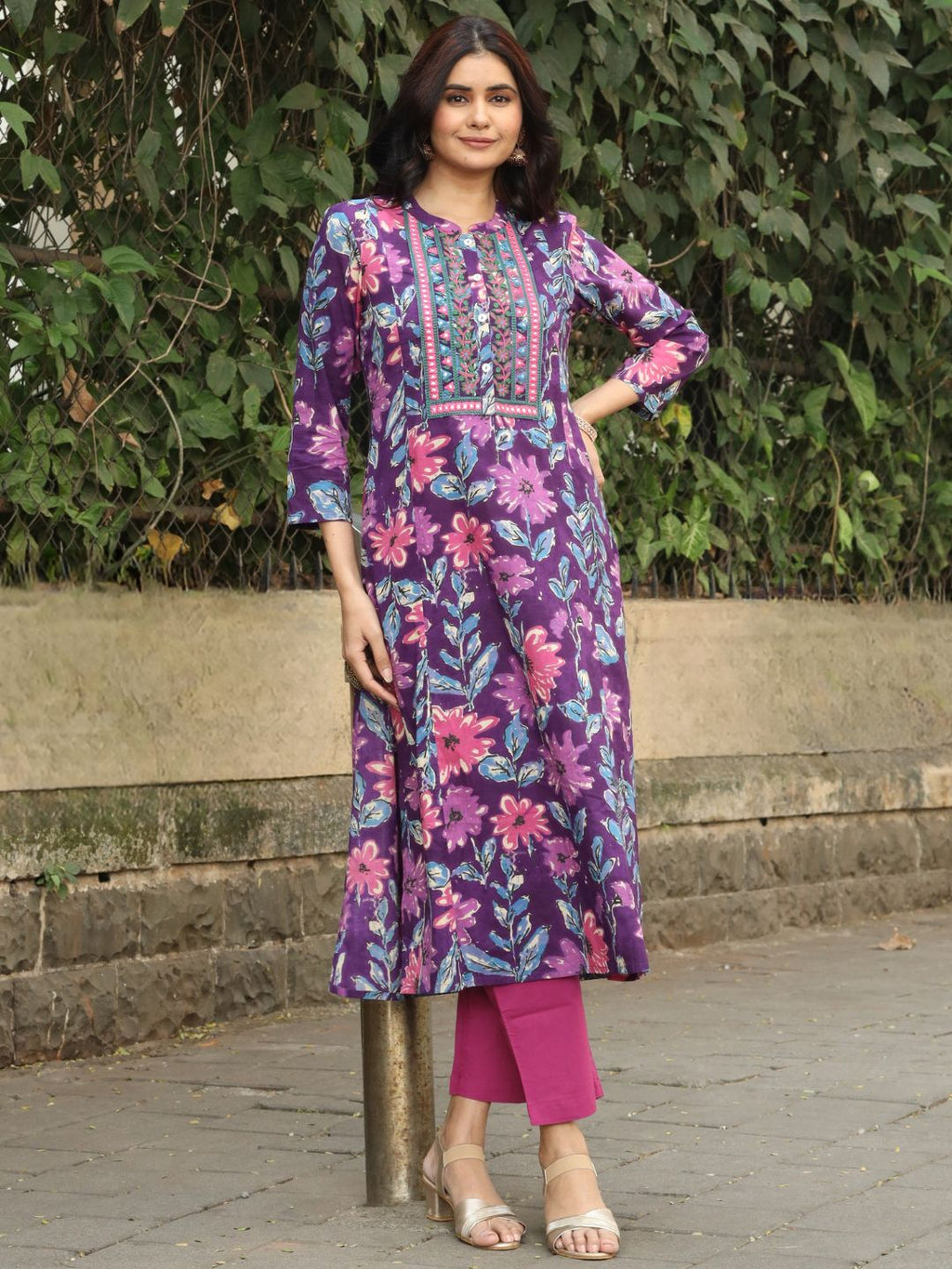 Purple Cotton Printed Kurta with Embroidered Neck and Mirror Work