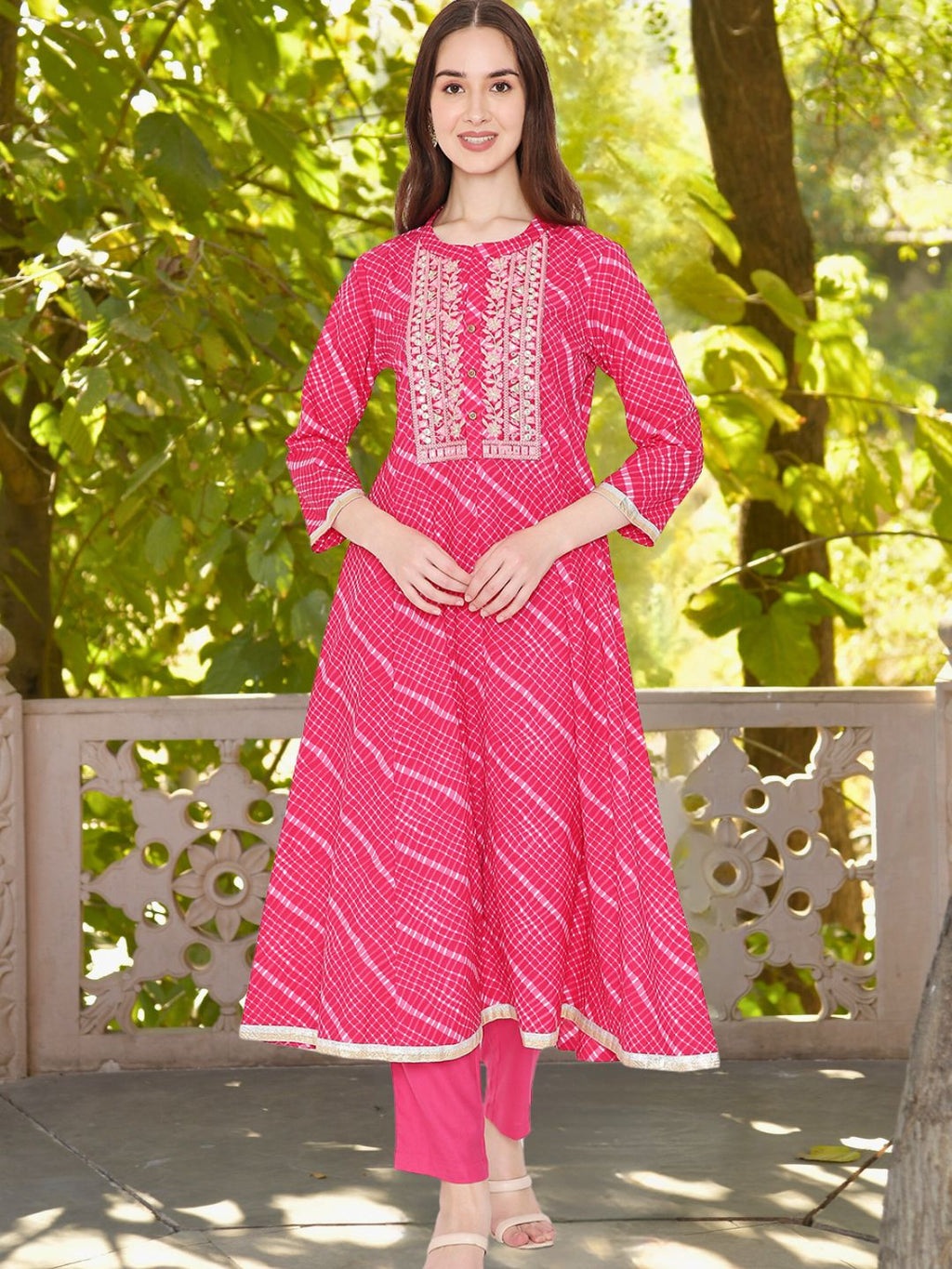 Pink Leheriya Print Kurta with Mirror Work and Yoke Embroidery