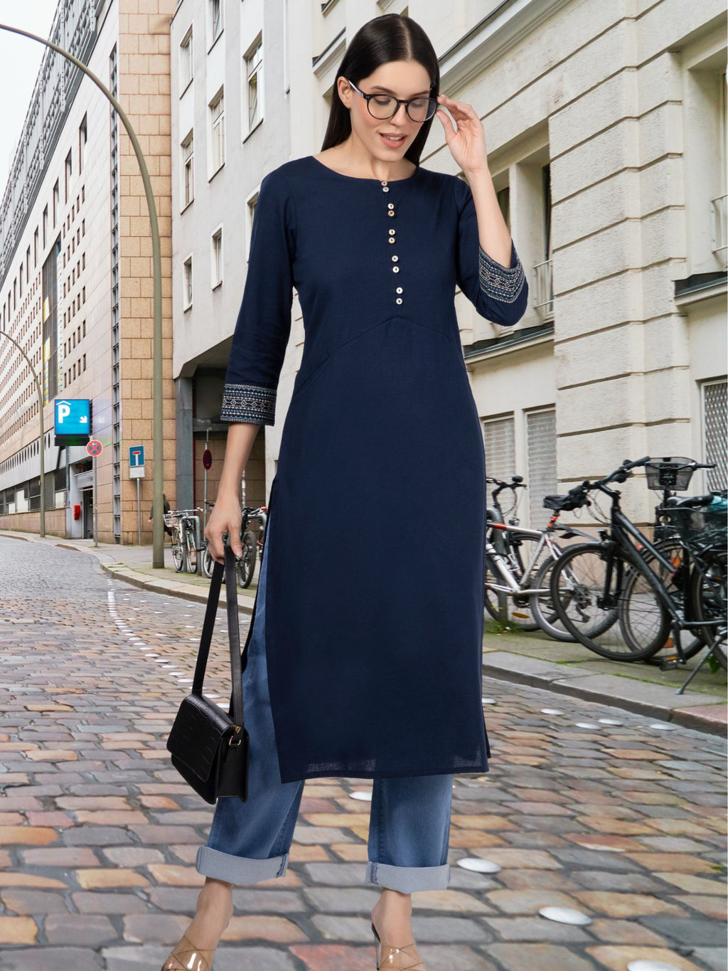 Navy Solid Cotton Kurta with Pockets & Sleeve Embroidery