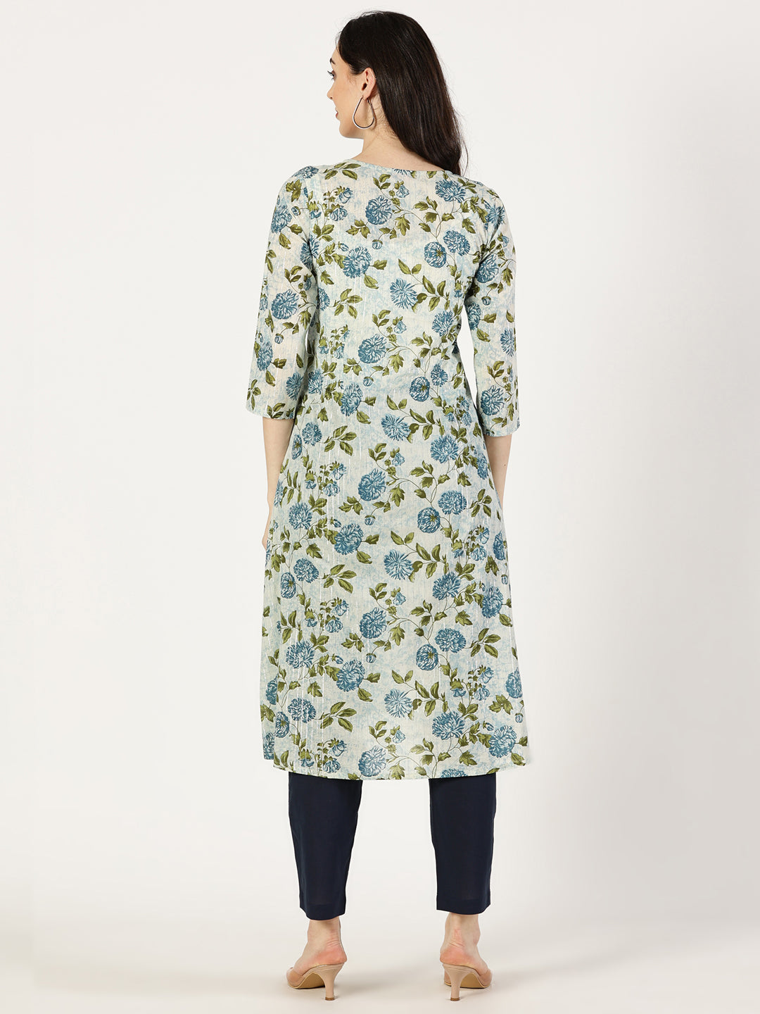 Blue Floral Print Kurta with Yoke Embroidery