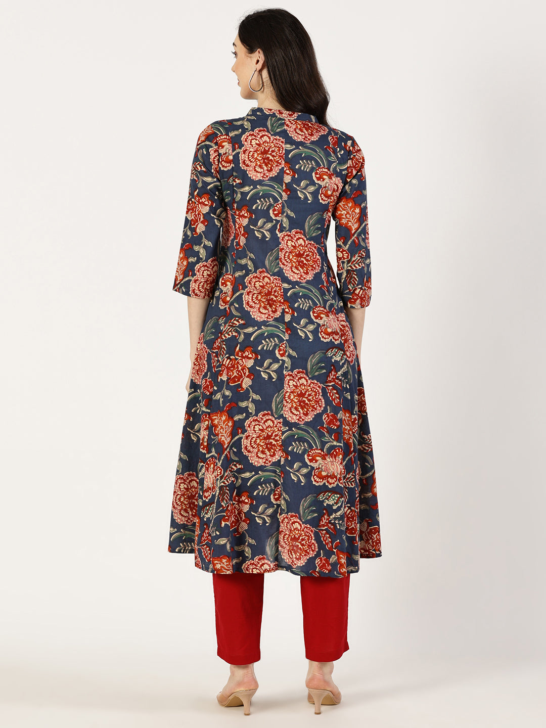 Blue Cotton Printed Kurta with Embroidered Neck and Mirror Work