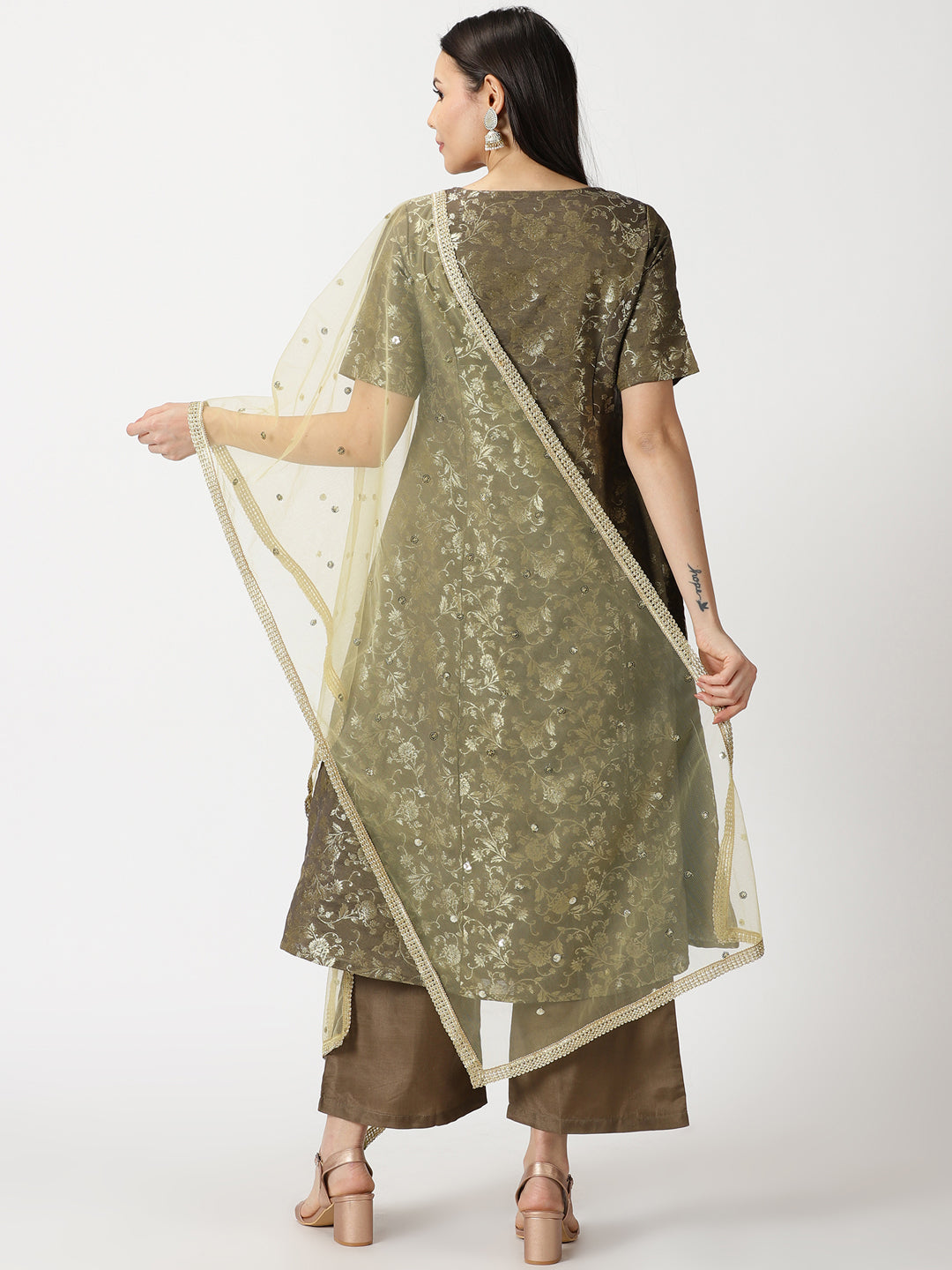 Mehendi Green Banarasi Jacquard Kurta with Palazzo & Dupatta