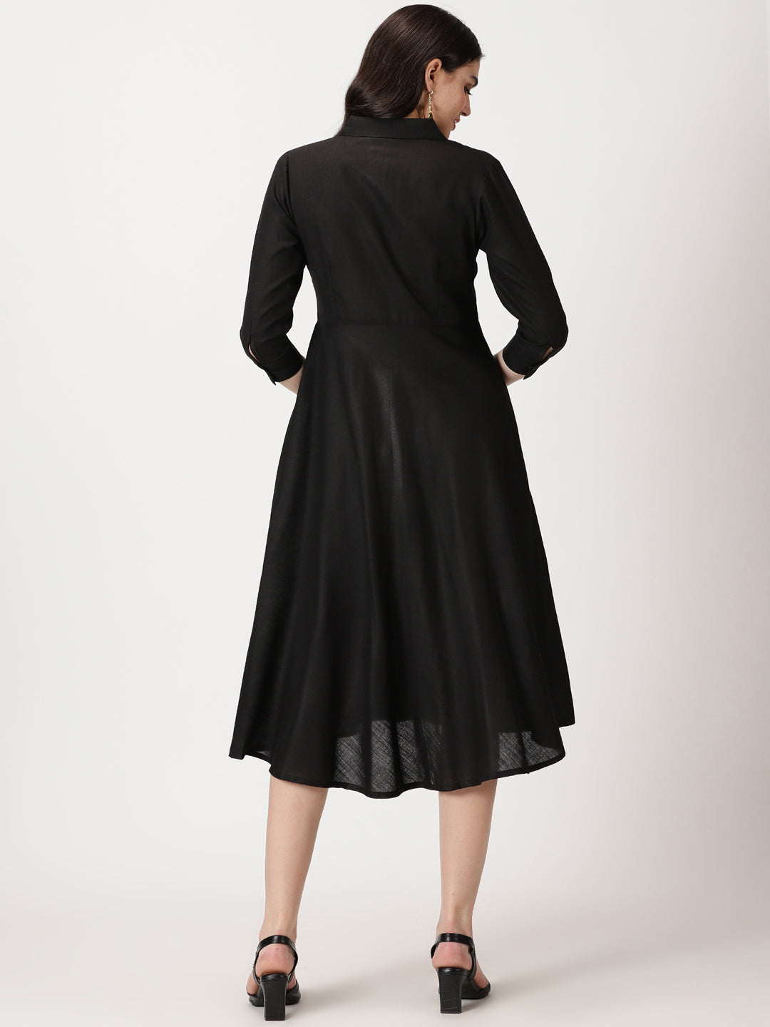 Black Lace Placket  Midi Shirt Dress