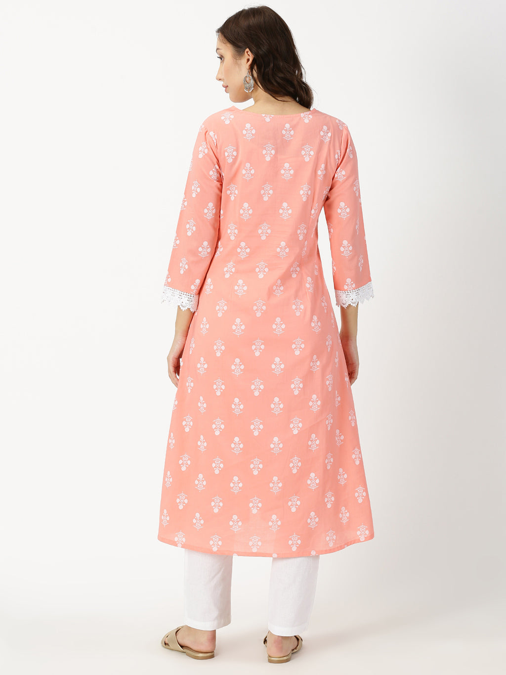 Peach Floral Print Kurta with Chikankari Embroidery