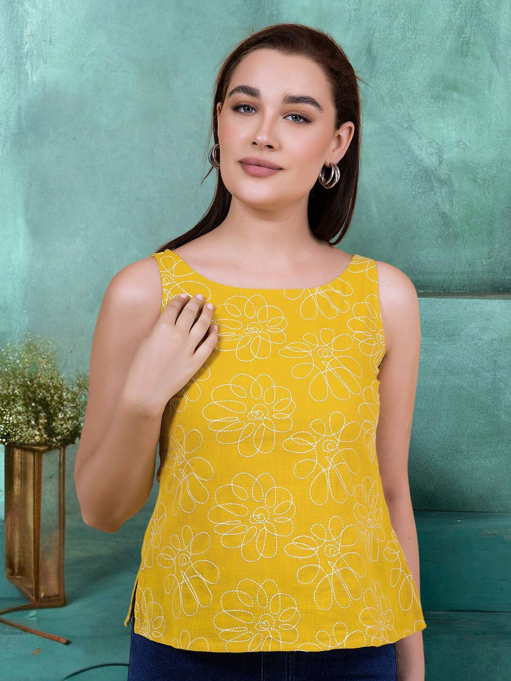 Tuscany Yellow Daisy Doodle Embroidered Top