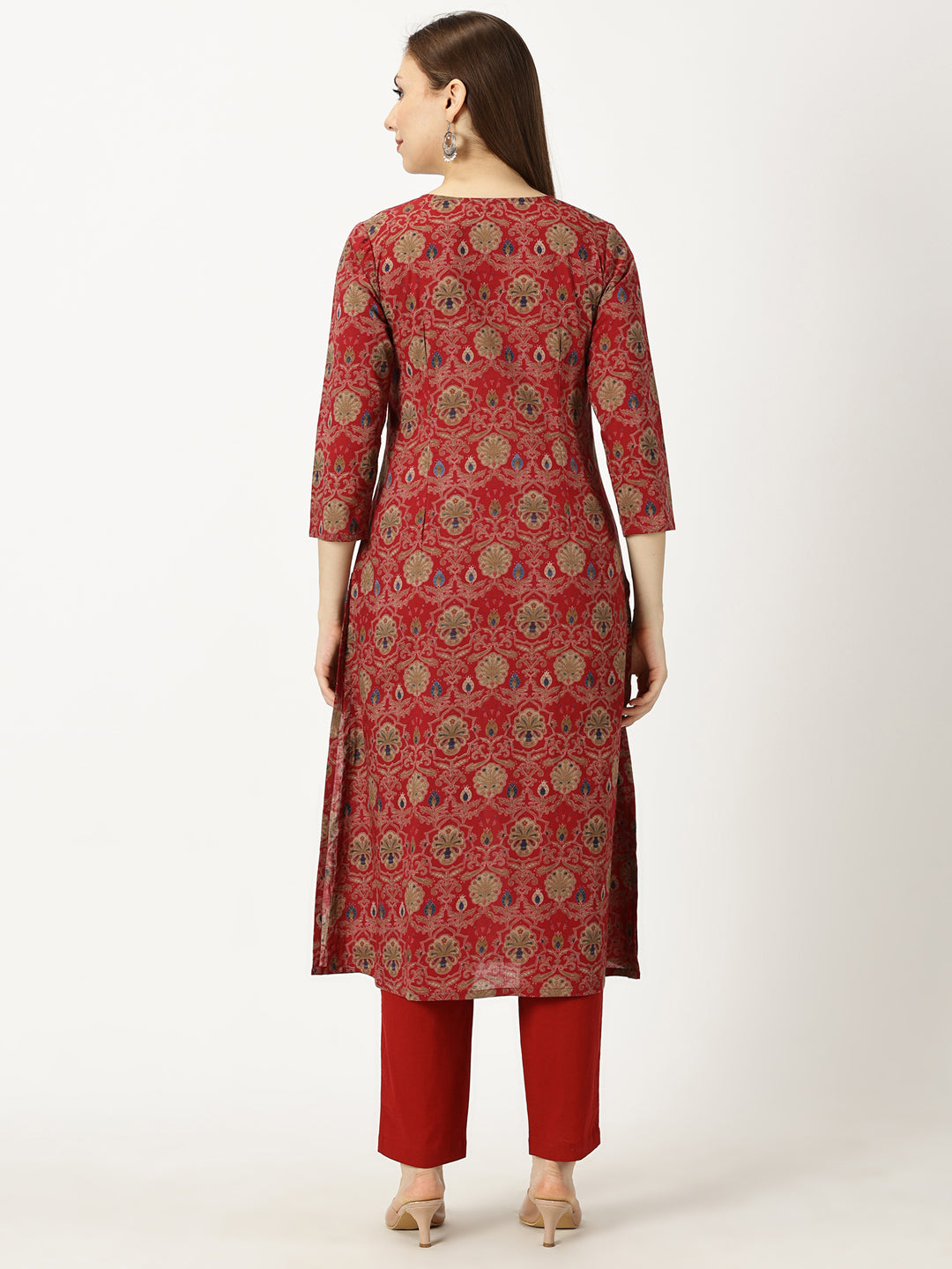 Maroon Ethnic Motifs Printed Cotton Kurta with Neck Embroidery