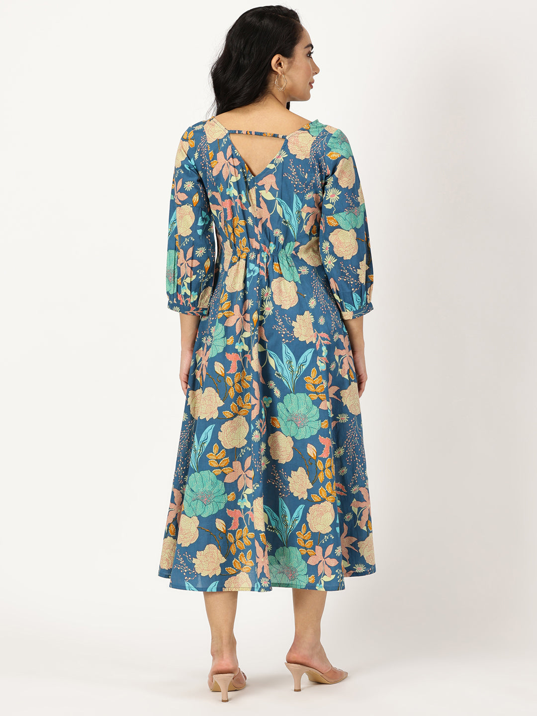 Blue Tropical Print Boho Midi Dress