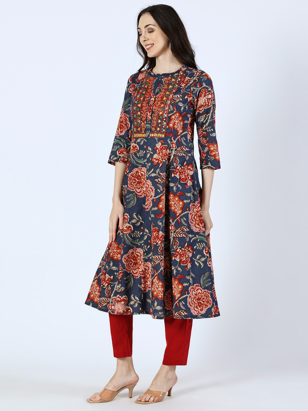 Blue Cotton Printed Kurta with Embroidered Neck and Mirror Work