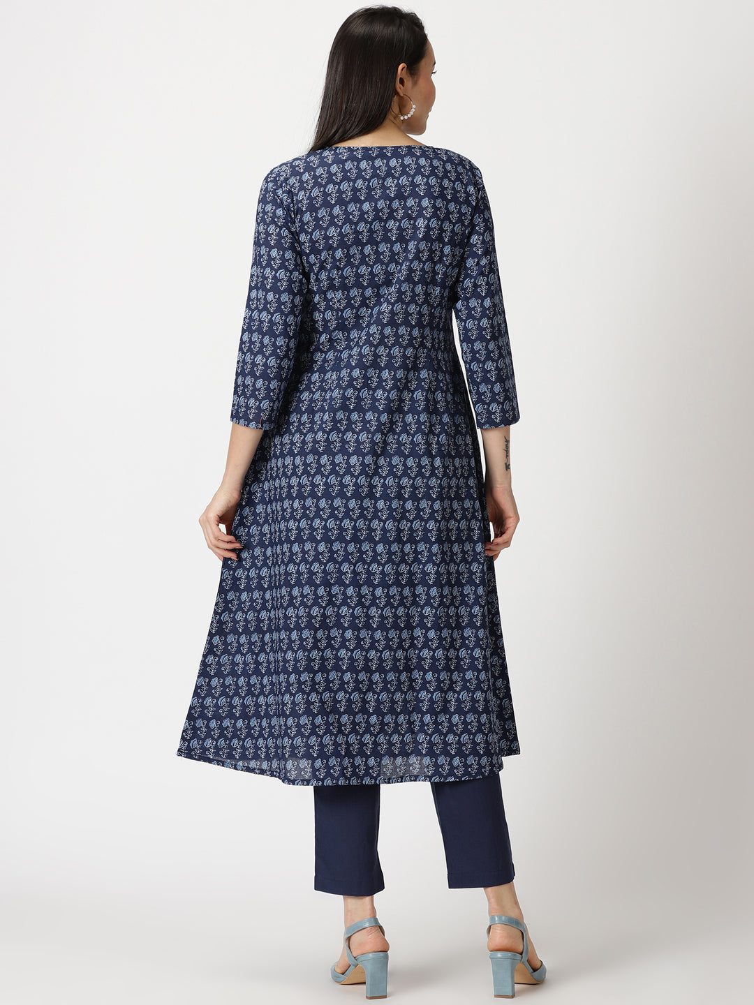 Navy Blue Ethnic Floral Print A-line Kurta with Embroidered Neck