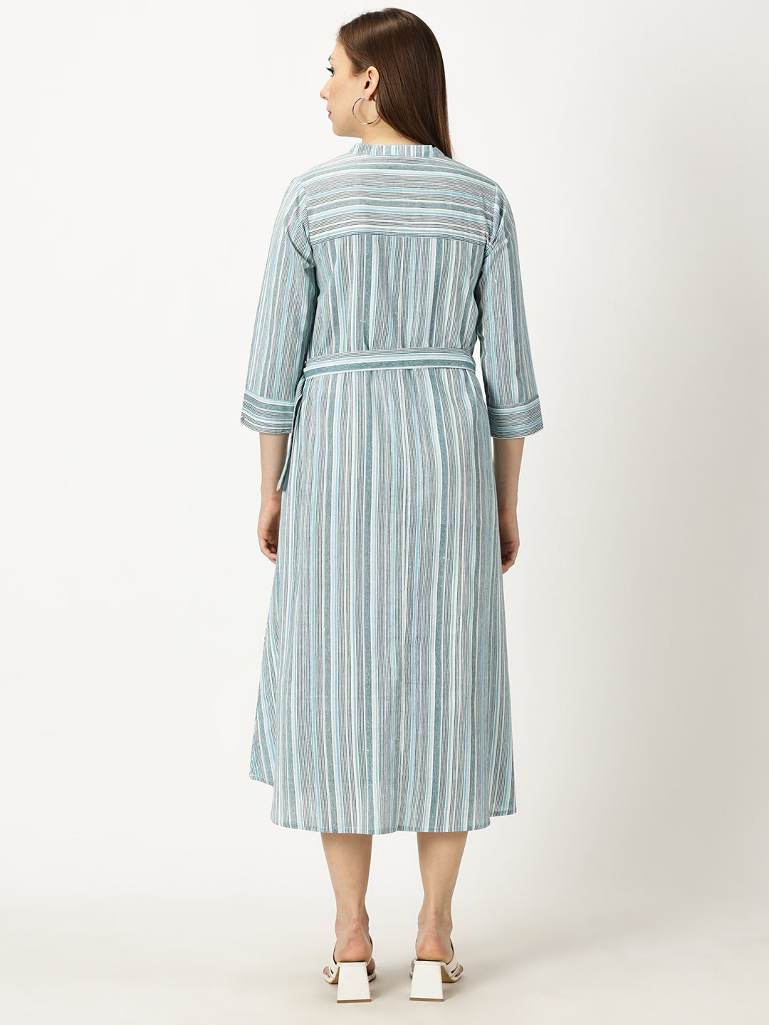 Blue Striped Print Cotton Dress with Belt Buckle