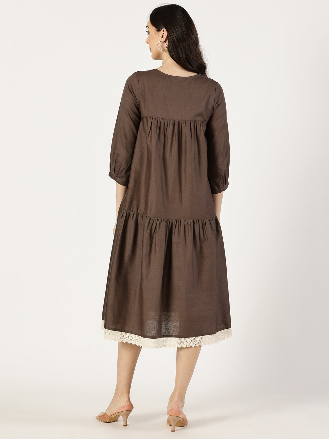 Brown Cotton Linen Embroidered Dress with Lace