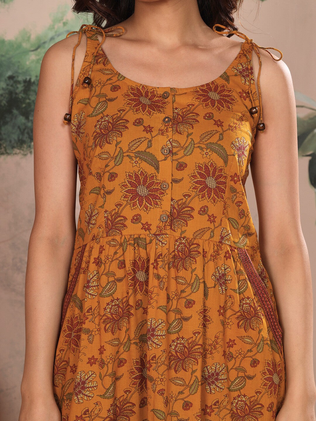 Mustard Ornate Bloom Printed Cotton Fit & Flare Dress