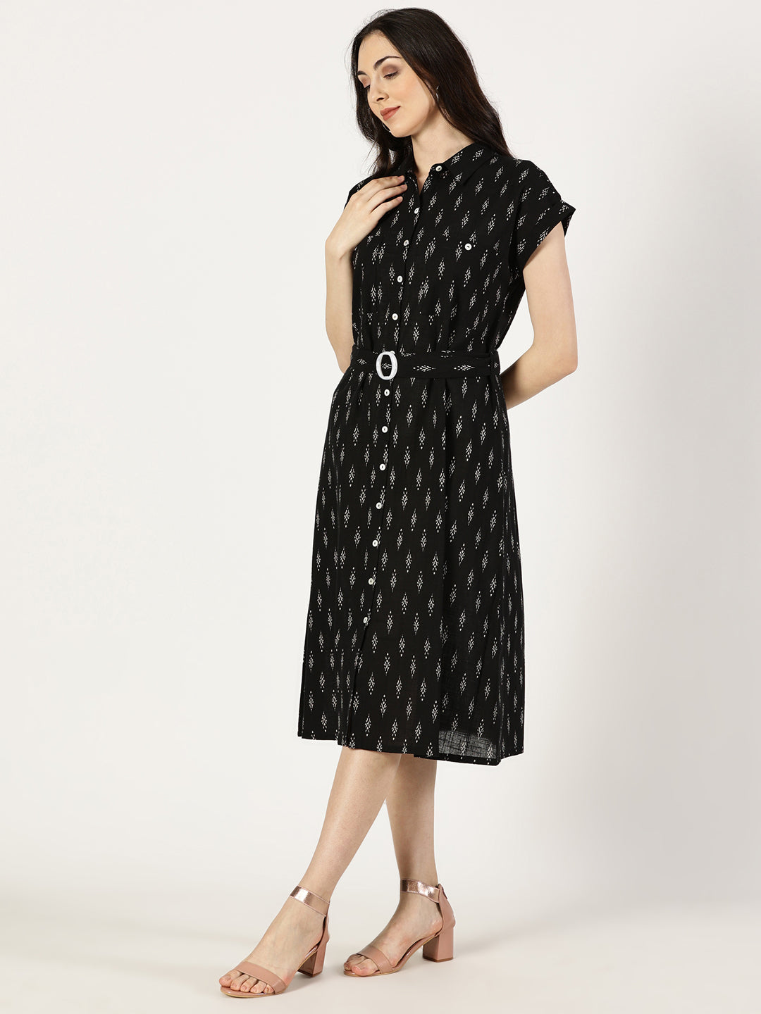 Black Ikat Print Cotton Dress With Belt Buckle