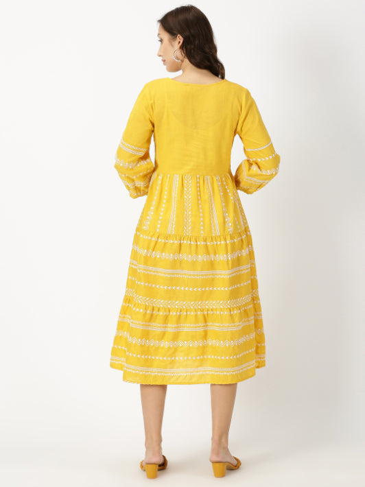 Yellow Embroidered Tiered Boho Midi Dress