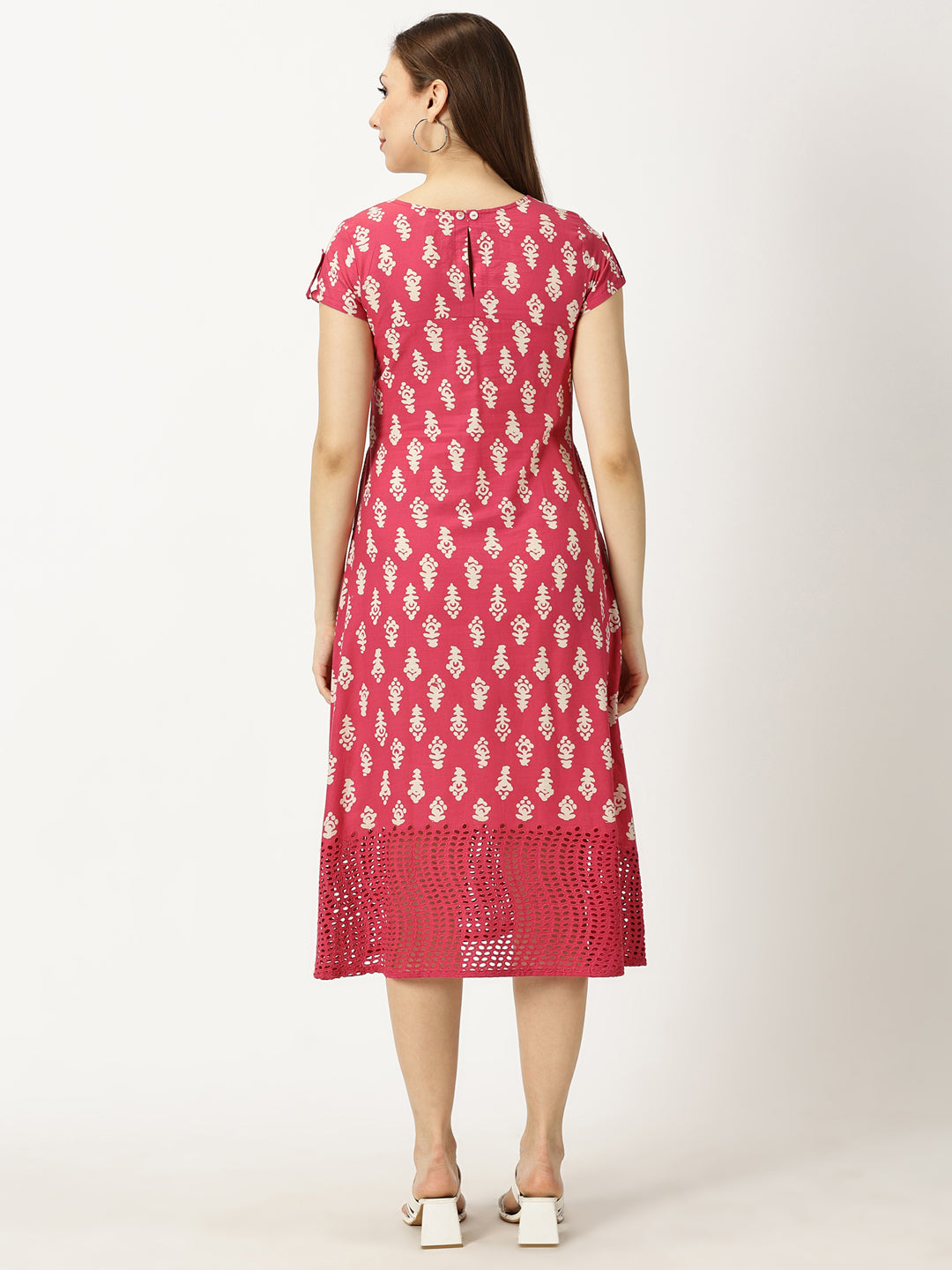 Pink Abstract Print Cotton Dress with Lace Inserts