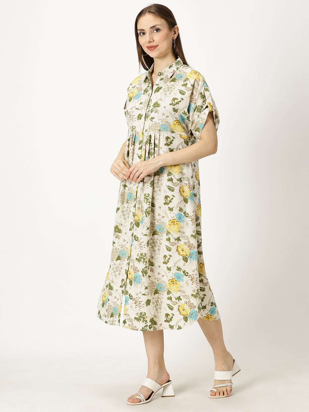 Turquoise Floral Printed Cotton Flax Dress with Shirt Collar