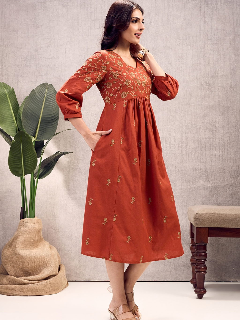 Burnt Orange Boho Embroidered Dress