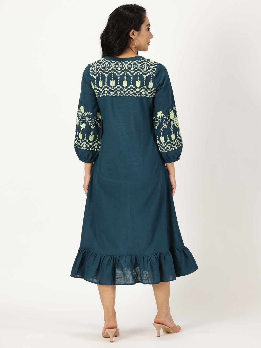 Teal Boho Midi Dress with Embroidered Details