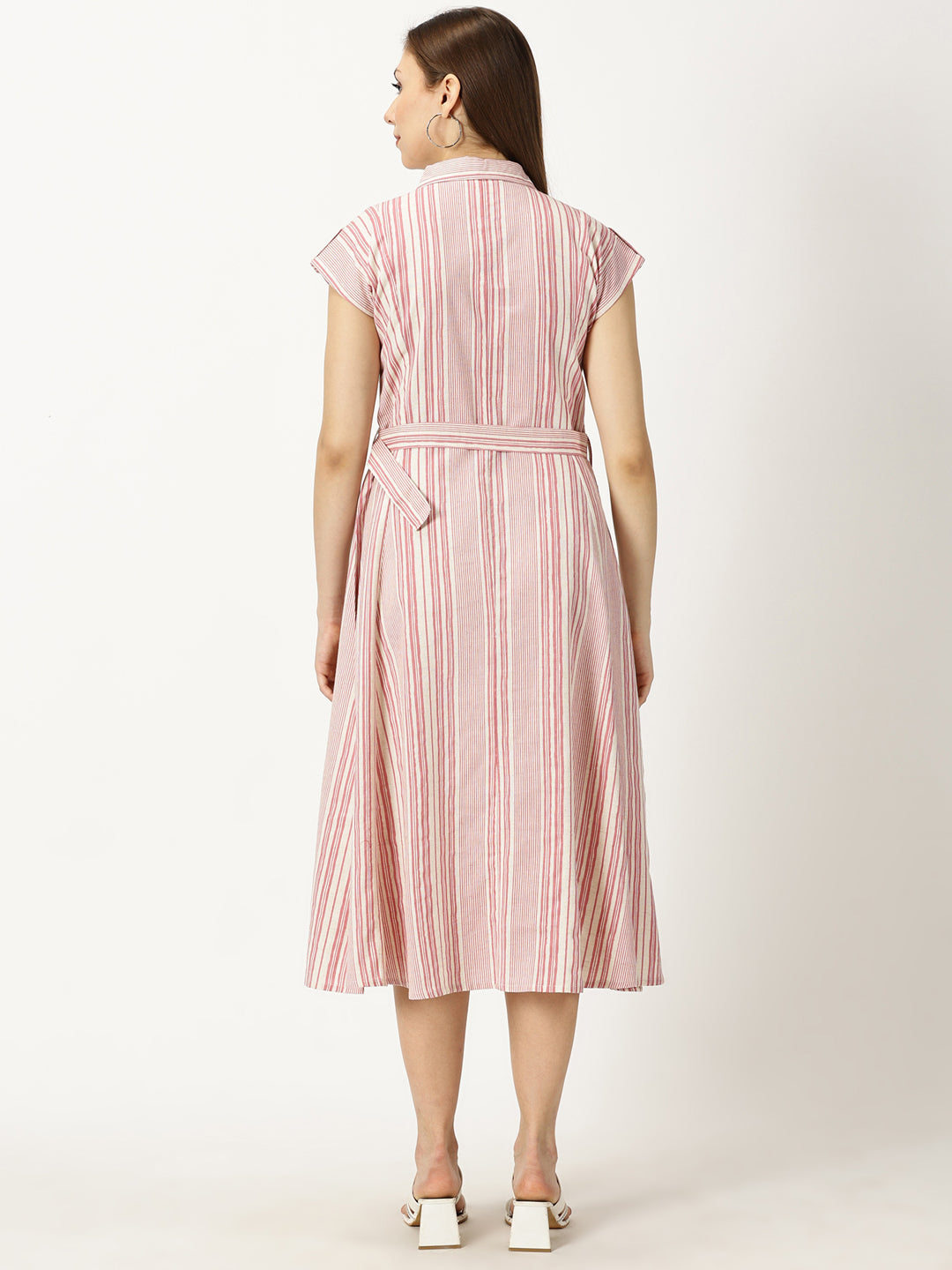 Pink Striped Print Cotton Flax Dress With Belt Buckle