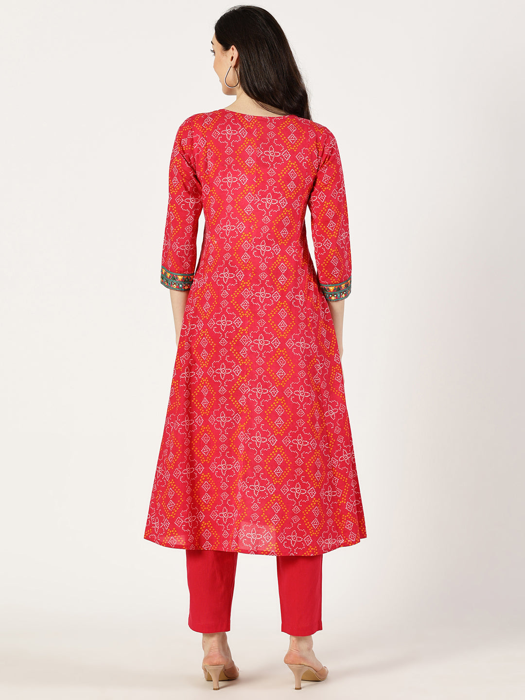 Pink Cotton Printed Kurta with Embroidered Neck and Mirror Work