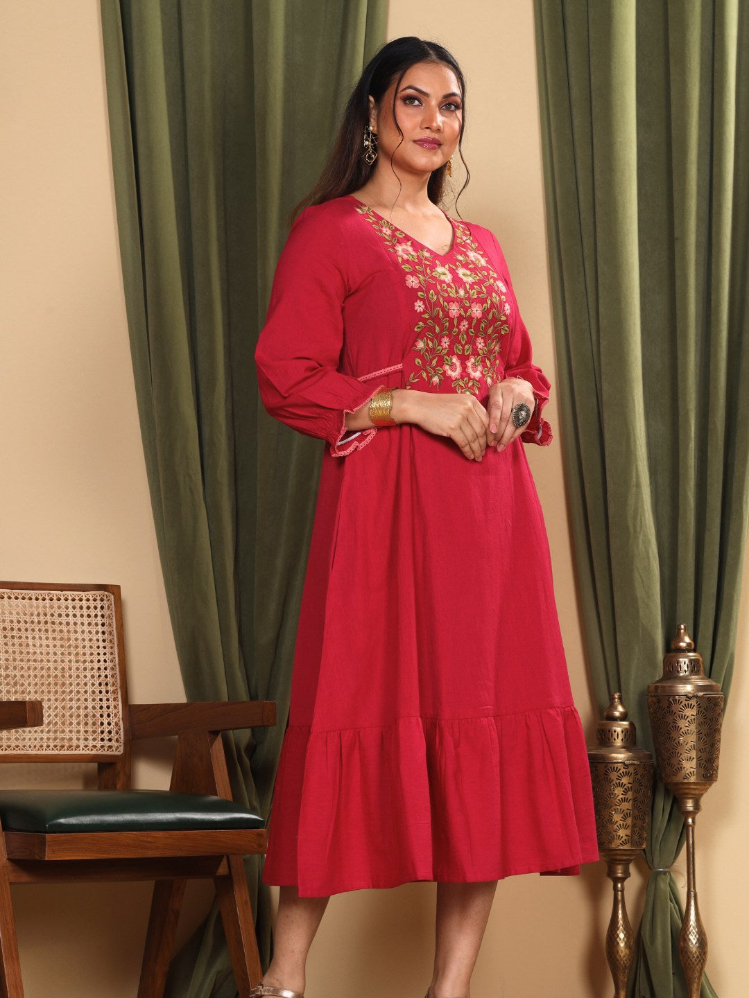 Orchid Magenta Embroidered Cotton Linen Dress