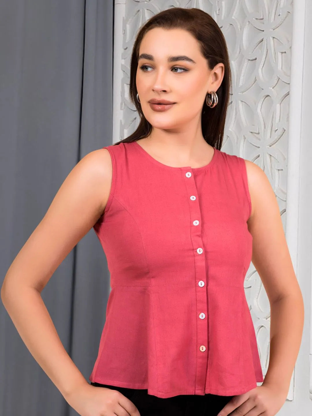Brink Pink Solid Button-Down Peplum Top
