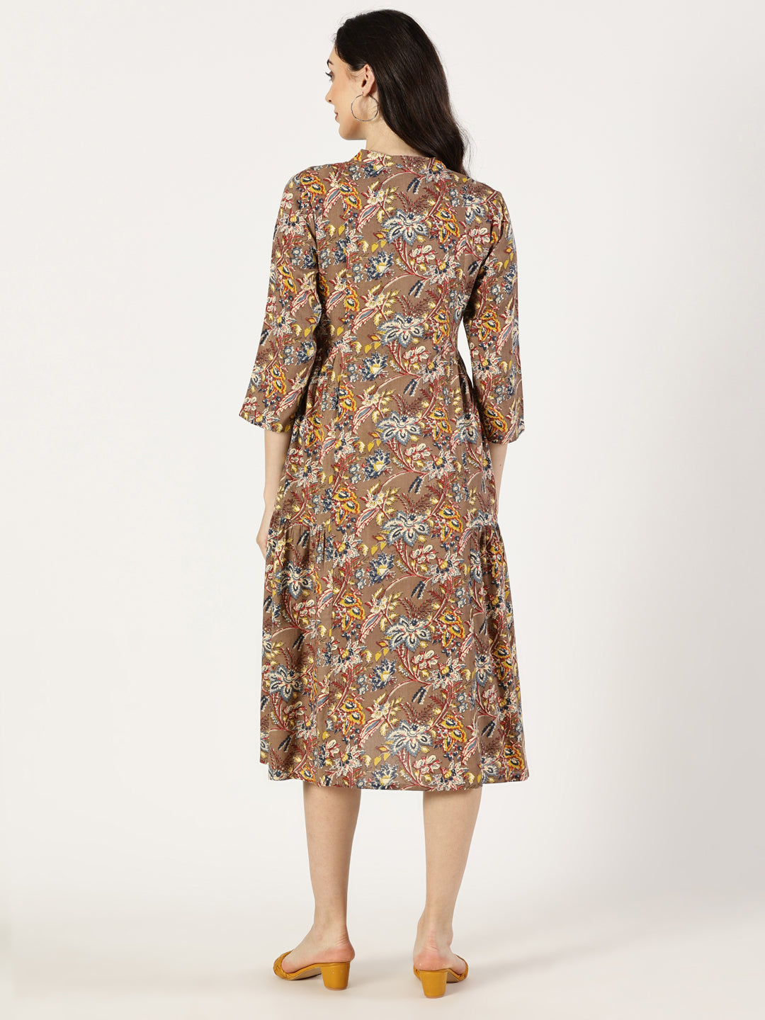 Brown Tropical Print Rayon Dress with Side Gathers