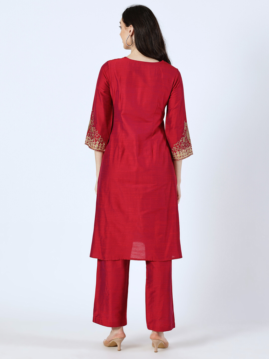 Magenta Art Silk Embroidered Kurta and Palazzo Set