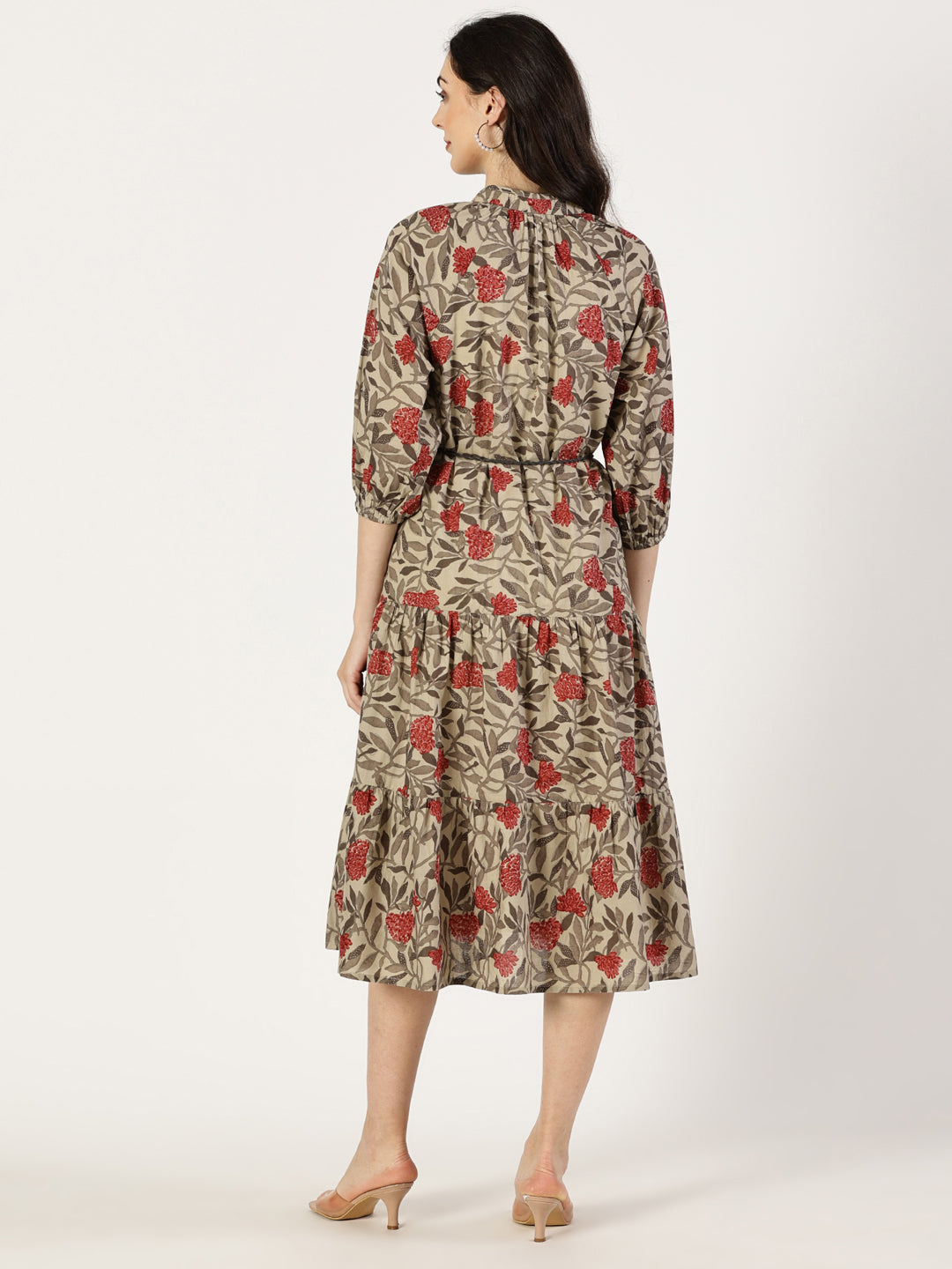 Rust Tropical Print Cotton Dress with Waist Tie-up