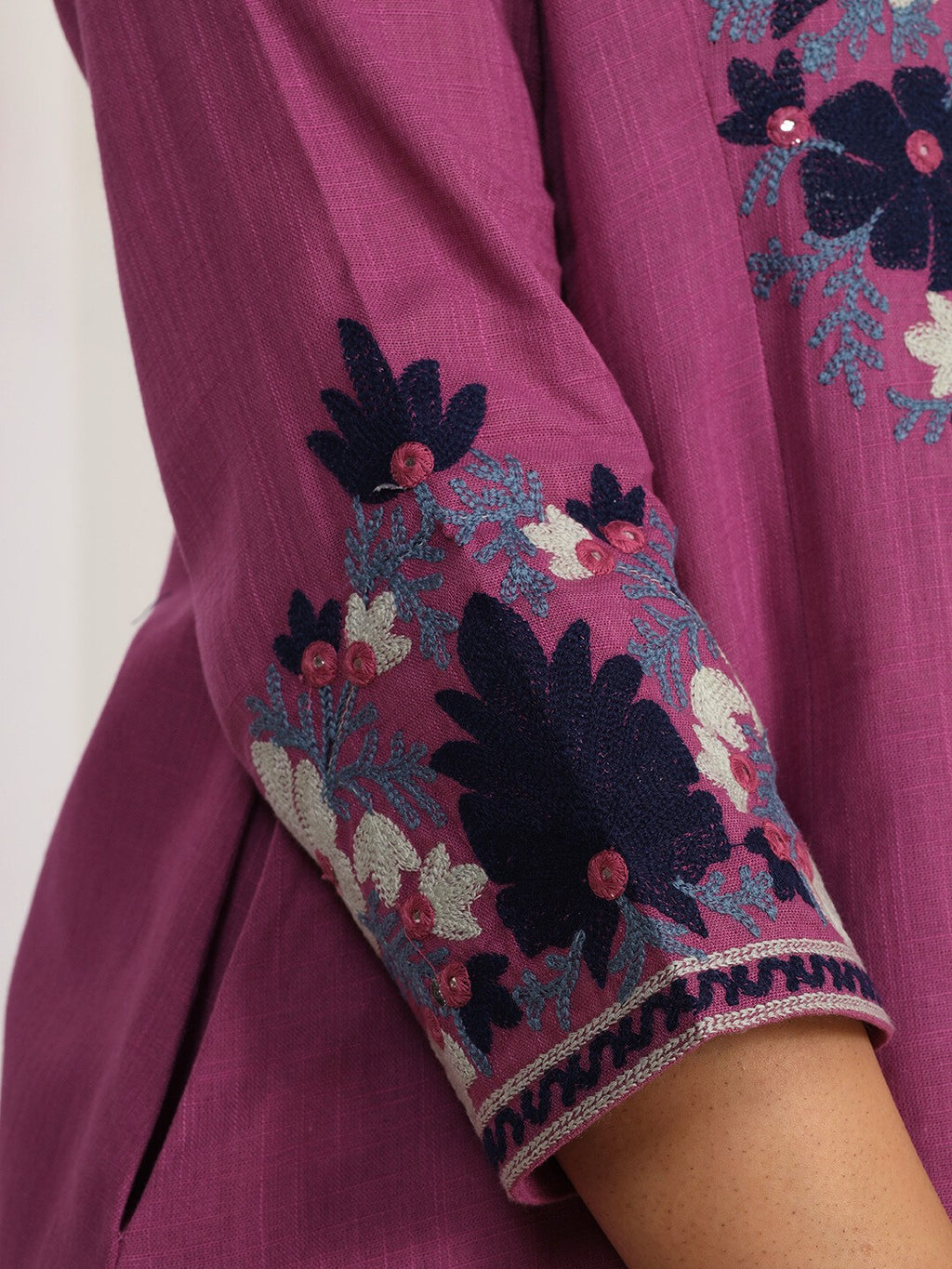 Mulberry Rose Kashida Embroidered A-Line Cotton Kurta Set with Salwar