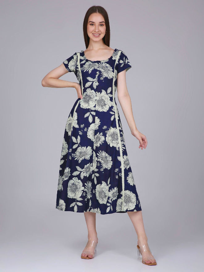 Navy Blue Waist Tie-up Midi Dress with Floral Print XS