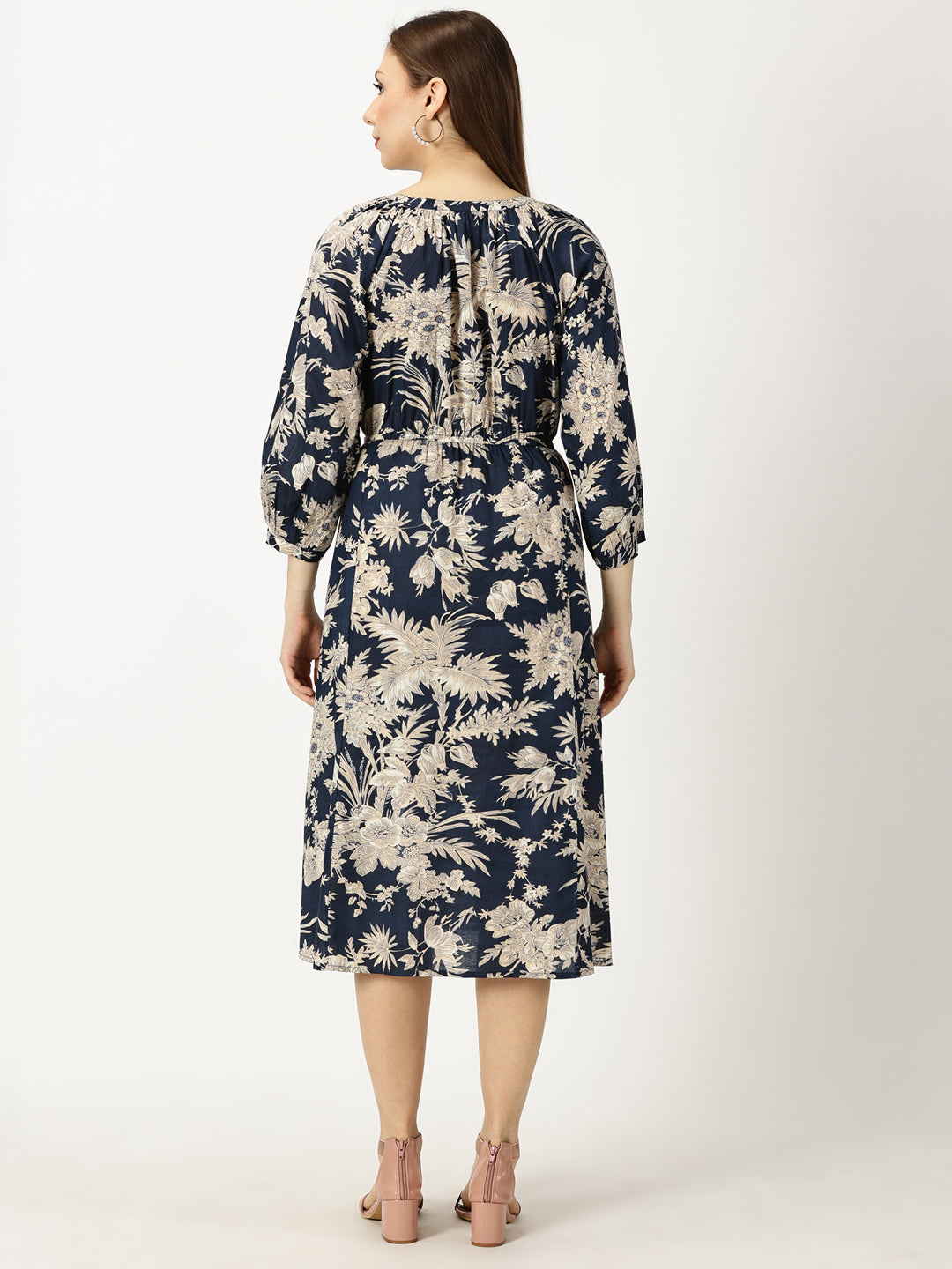 Navy Blue Tropical Print Cotton Dress with Waist Tie-up