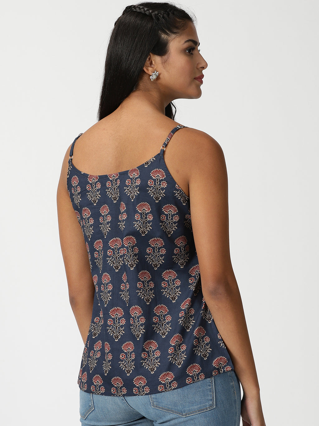 Navy Blue Dahlia Print Button-Down Strappy Top