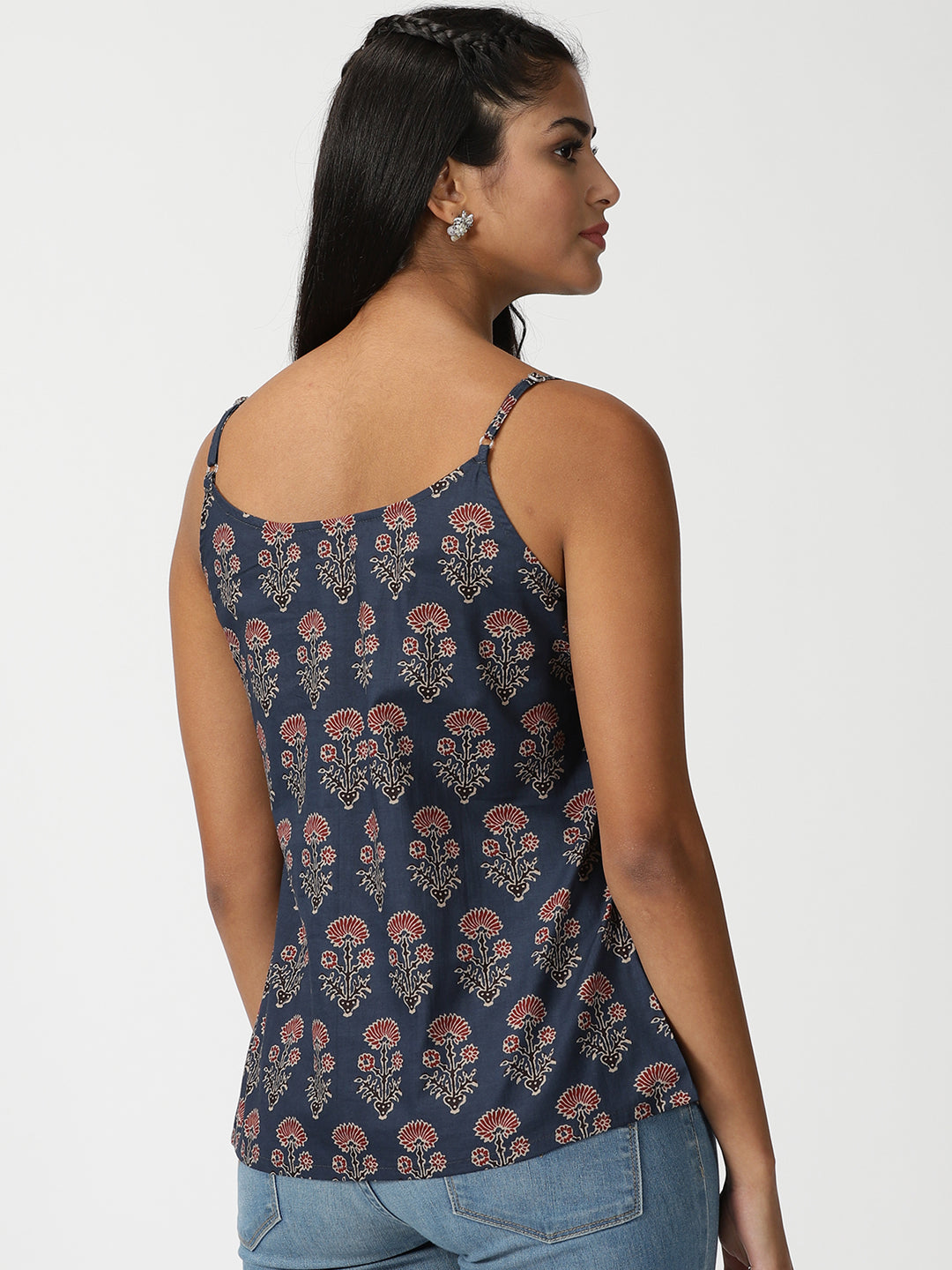 Navy Blue Dahlia Print Button-Down Strappy Top