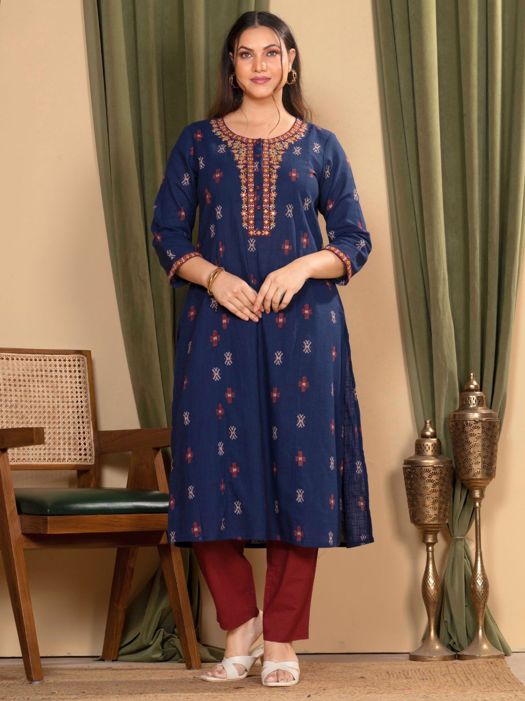 Regal Navy Blue Ikat Print Cotton Kurta with Embroidery