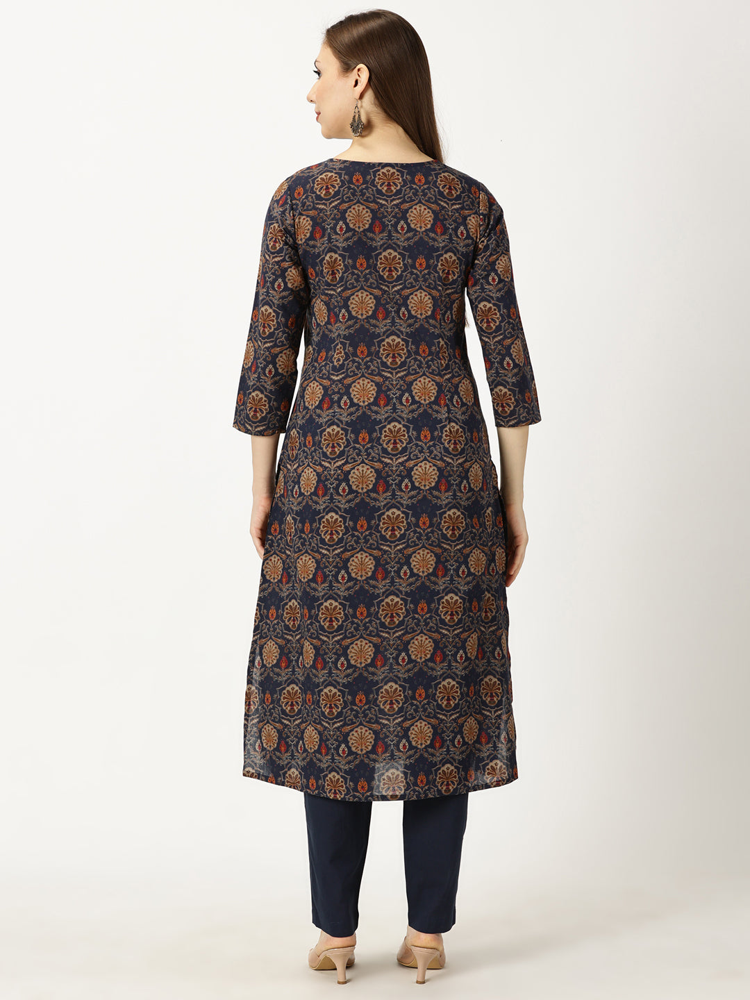 Navy Blue Ethnic Motifs Printed Cotton Kurta with Neck Embroidery