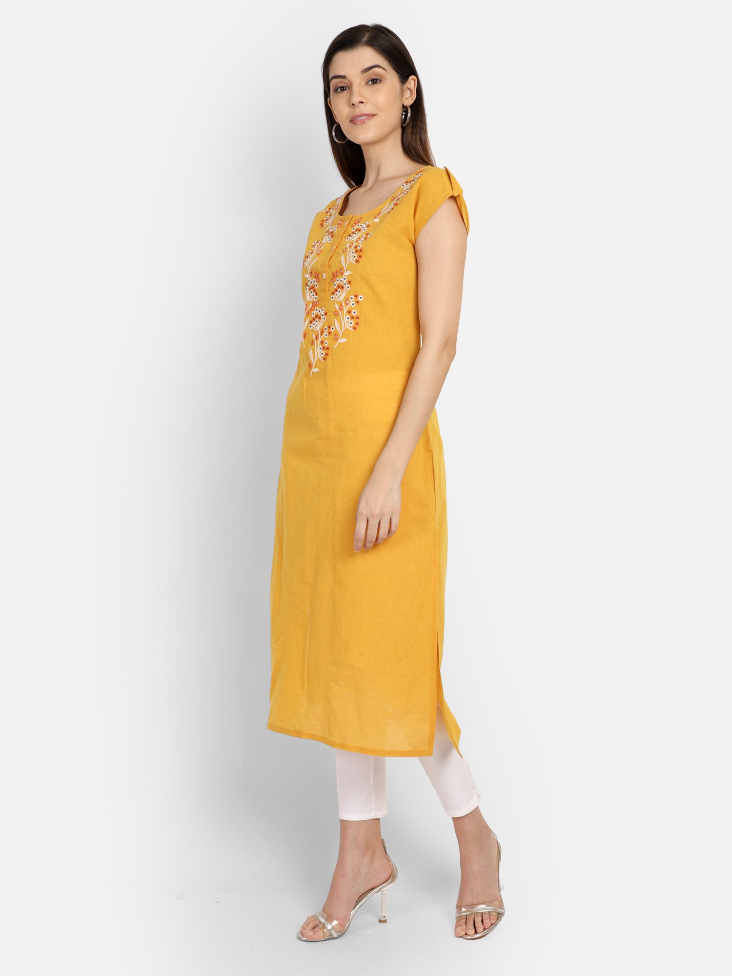 Mustard Cotton Embroidered Neck Kurta